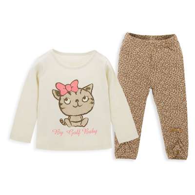 Trend Fashion Active Leopard Lines With Little Cat Printing Two Piece Child Girl Clothing Set